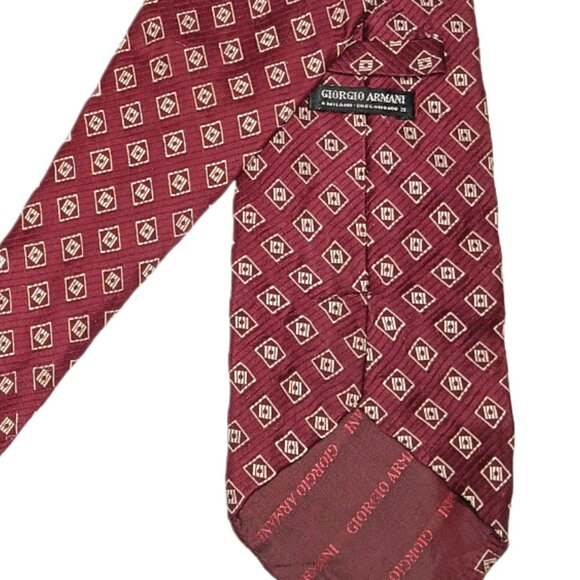 Giorgio Armani Silk Blend Tie Men’s 59” Burgundy Gold Geometric Italian Wide New - Picture 4 of 4